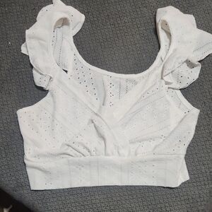 Elegant White Eyelet Ruffle Crop Top